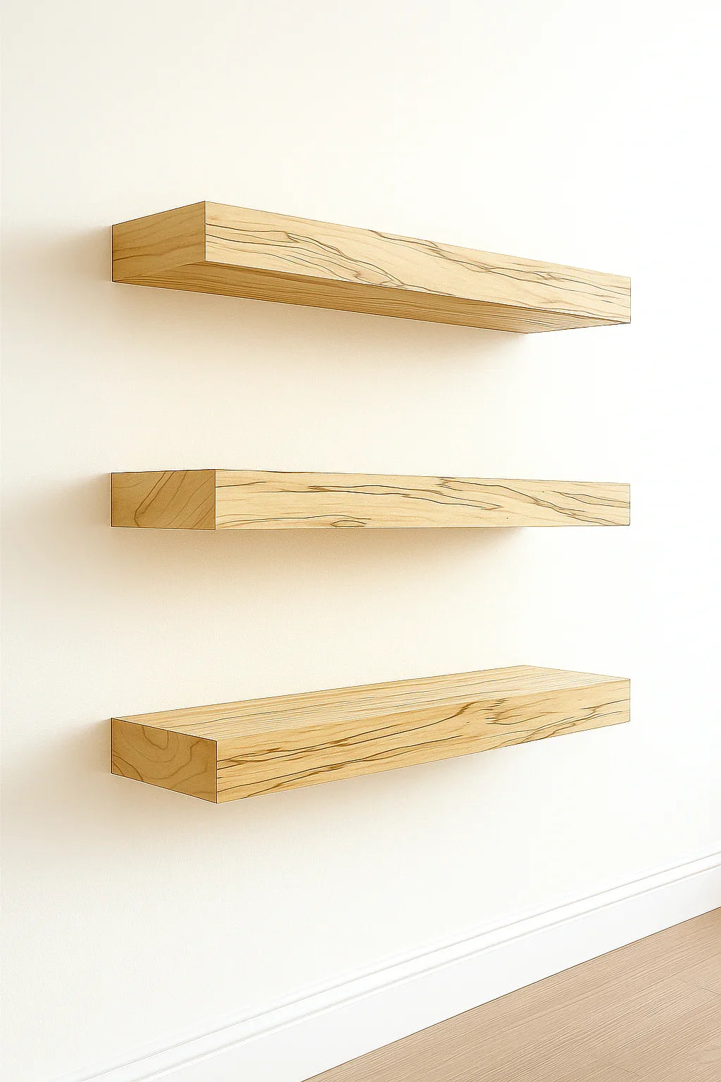 Wormy Maple Floating Shelf - Solid Hardwood, Heavy-Duty Wall Mountable with HOVR Premium Mounting Solution